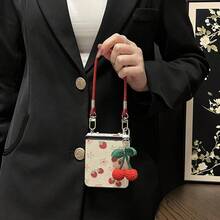 Korean Fresh Strawberry Flower Phone Case, Compatible With Samsung Galaxy ZFlip7, Z Flip6, ZFlip 5, Zflip6, With Cherry Pendant And Genuine Leather Lanyard, Shock-Resistant Back Cover - 白 - 查看 3