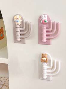 5pcs Cartoon Style 3-Hook Wall Hangers, Cute Adhesive No Drill Hooks For Keys, Bags, Coats, Resin Material - Multicolor - View 3