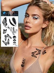 STARTTOOS 4pcs Dark Butterfly Snake Feather Music Note Floral Pattern Temporary Tattoo Stickers, Suitable For Shoulder Neck Collarbone Wrist Ankle DIY Daily Party Holiday Gift Waterproof Realistic Tattoo Stickers - Black - View 4