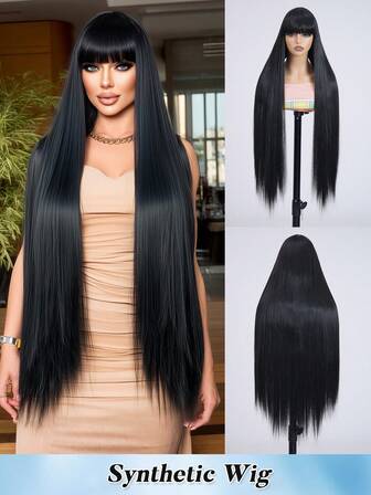 超长直发层次感刘海合成假发，及肩长度，日常佩戴（黑色），36英寸，女士礼物，圣诞装饰，女士圣诞礼物，外出佩戴，优质柔软合成假发