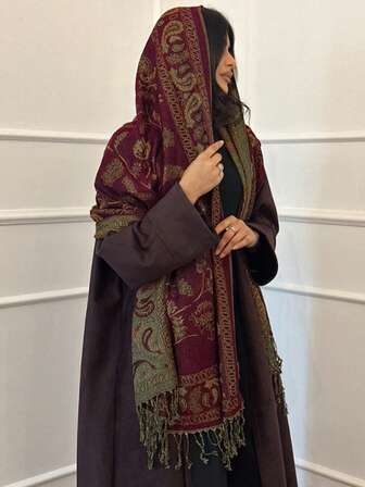 1pc Bohemian Style Paisley Floral Jacquard Women's Pashmina Scarf, Vintage Tassel Hijab Shawl For Daily Wear, Spring/Summer