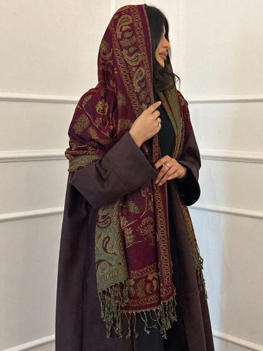 1件波西米亚风佩斯利花卉提花女士羊绒围巾，复古流苏头巾披肩，适合日常佩戴，春夏款