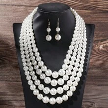 Multilayer Exaggerated Handmade Beaded Faux Pearl Bohemian Middle Eastern European American Necklace Set With Necklace And Earrings