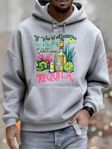 Men's Hoodie, Tequila Bottle Design, Lime Blossom, If You're Going To Be Salty, At Least Bring Some Tequila, Text Design, Versatile Casual Fashion For Autumn And Winter, Suitable For Leisure And Sportswear, Fashionable Gift, The Best Choice For Holiday Gifts. - 灰色 - 查看 1