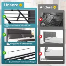 Upholstered Double Bed 140x200cm With Adjustable Headrest, Hydraulic Bed Frame With Storage Space, Linen Bed Frame, Metal Slat Bed Frame, Grey (Mattress Included). - Dark Grey - View 9