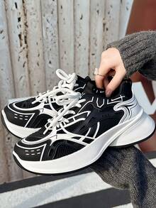 新款女士休闲运动鞋，学院风厚底运动鞋，系带圆头网布皮革拼接透气百搭印花涂鸦学院风学生户外徒步休闲通勤鞋 - 黑色 - 查看 6