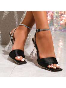 女士时尚黑色高跟凉鞋，可调节扣环设计，性感露趾，系带凉鞋，夏季新款，透气透明高跟高跟鞋