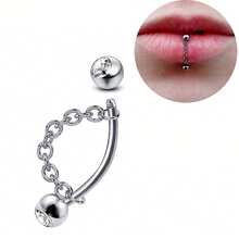 1 pieza Anillo de labio de 16G de acero inoxidable para mordedura de serpiente, joyería de piercing para mujeres. Anillos de ceja, tragus, hélix, rook con cadena, pendientes de cartílago de acero inoxidable con CZ, piercing de labret con cadena de 3cm - Plateado - Ver 9