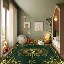1Pc Large Mystical Moon & Golden Crescent Floral Area Rugs, Celestial Black With Golden Accents,Non-Slip Backing, Lightweight, Durable Polyester, Machine Washable, Easy To Clean, Soft Felt Back, Rug For Living Room, Bedroom Or Office, Sofa, Coffee Table, Kitchen, Bathroom, Balcony, Entrance Carpet, Apartment, Dormitory, Porch, Patio, Farmhouse Decor, Halloween, Fall Decor, Dark Academia Style, Indoor Use, Rugs For Living Room, Low Pile Carpet - 樣式 5 - 查看 2