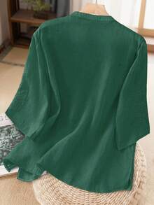 Women's Loose Casual Linen Top With Embroidery, Minimalist Style, Spring/Summer - Dark Green - View 2