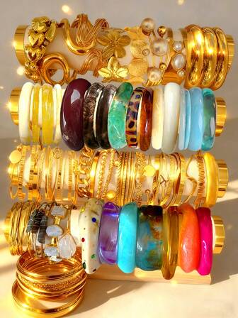 29-3pcs Vintage Elegant Metal Multi-Element Retro Coin Geometric Irregular Tie Dye Thick Resin Bracelet Set, Includes Metal Elements, Faux Pearl, 5-Petal Flower, Heart, Butterfly, Round Disc, Wavy Knot, Criss-Cross Lines, LOVE Engraved Hollow Design, Suitable For Women, Men, Couples, For Party, Wedding, Daily Wear, Christmas, New Year Gift (Random Style)