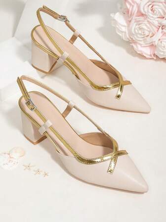 Beige & guldfärgade korsbandssandaler med spetsiga tå, grov klack, bakre rem, lyxiga sommarpendlarskor, spännestängning, lämpliga för bröllop