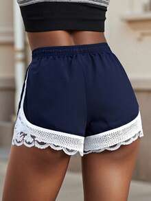 Women's Lace Trim Shorts Casual Loose Fit Stylish Drawstring Mid Rise Shorts For Summer - Blue - View 7