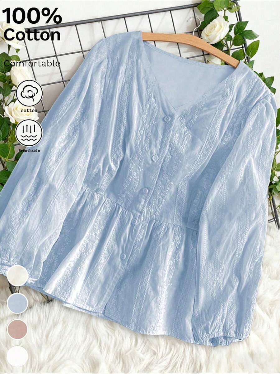 大码女式甜美 V 领长袖高腰刺绣衬衫上衣，适合通勤，春秋季 - 淺藍色 - 查看 1