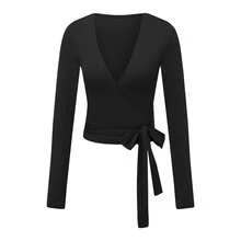Women Ballet Wrap Top Long Sleeve Deep V Neck Cross Tie Workout Pilates Yoga Shirts Wrap Tie Crop Tops Sportswear Y2k Streetwear Slim Fitted Coquette Blouses - 黑色 - 查看 10