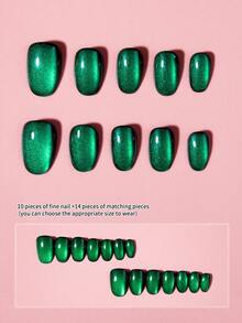 Bộ 24 miếng dán móng tay ngắn hình oval bóng bẩy phong cách Y2K, chất liệu acrylic mắt mèo pha lê xanh lá cây, thiết kế hình hạnh nhân, vừa vặn hoàn hảo, giúp đầu ngón tay bạn tỏa sáng rạng rỡ, phù hợp cho phụ nữ sử dụng hàng ngày khi đi làm và dự tiệc. - màu xanh lá - Xem 3