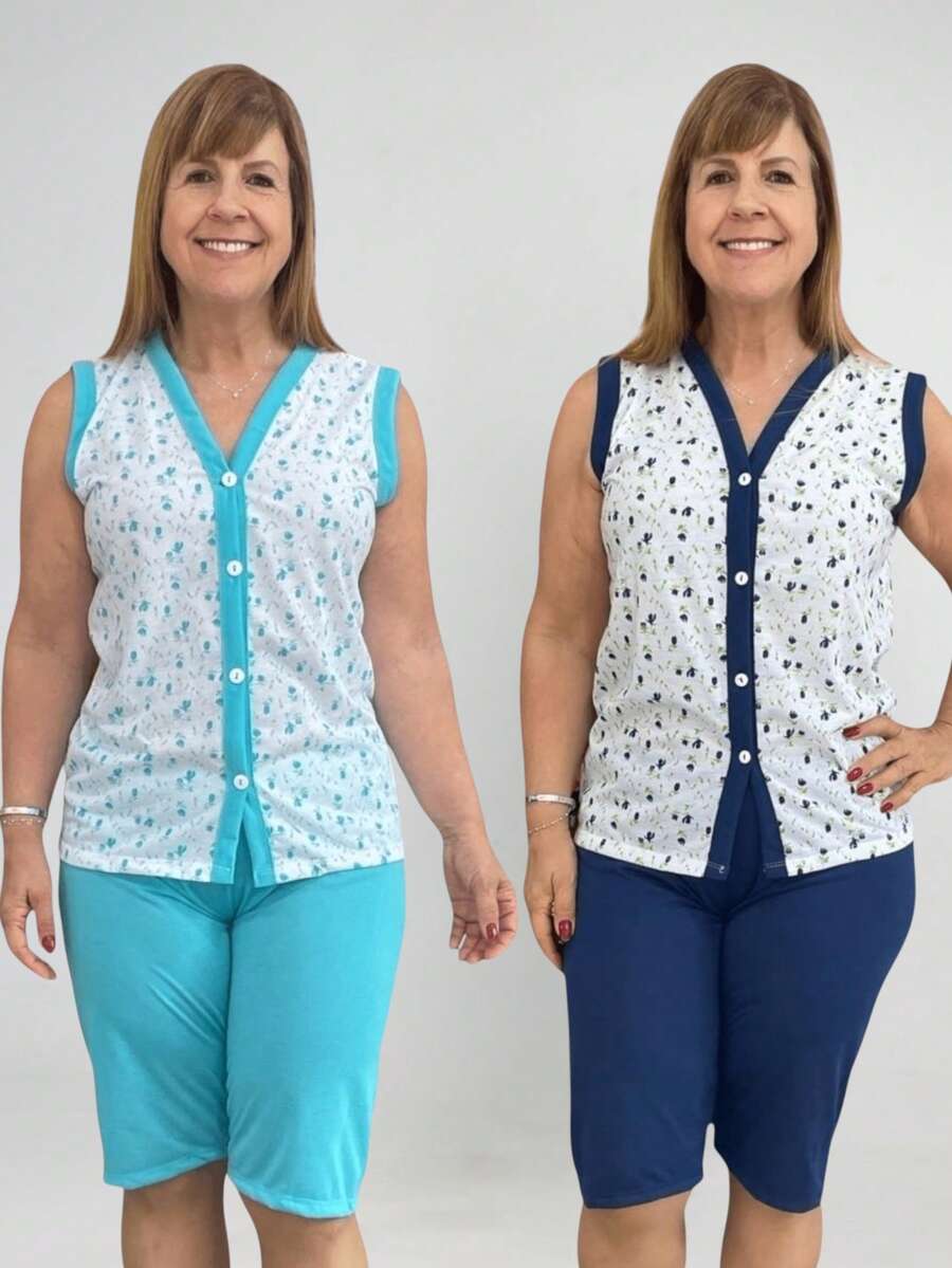 Kit 2 Pijama Feminino Pescador Senhora Conjunto Aberto Calor Botão Amamentação Cirurgia Gestante Bermuda Verão - Multicolorido - Visão 1