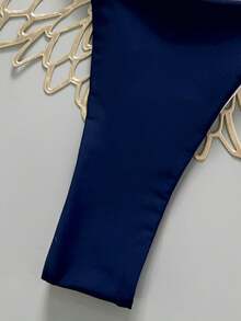 Women's Navy Blue Halter Thong Bikini Set With Lace Up Detail High Stretch Beach Swimwear - Navy Blue - View 6