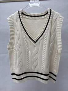 Plus Size Color Block Listrado V-neck Sweater Vest - Damasco - Ver 1