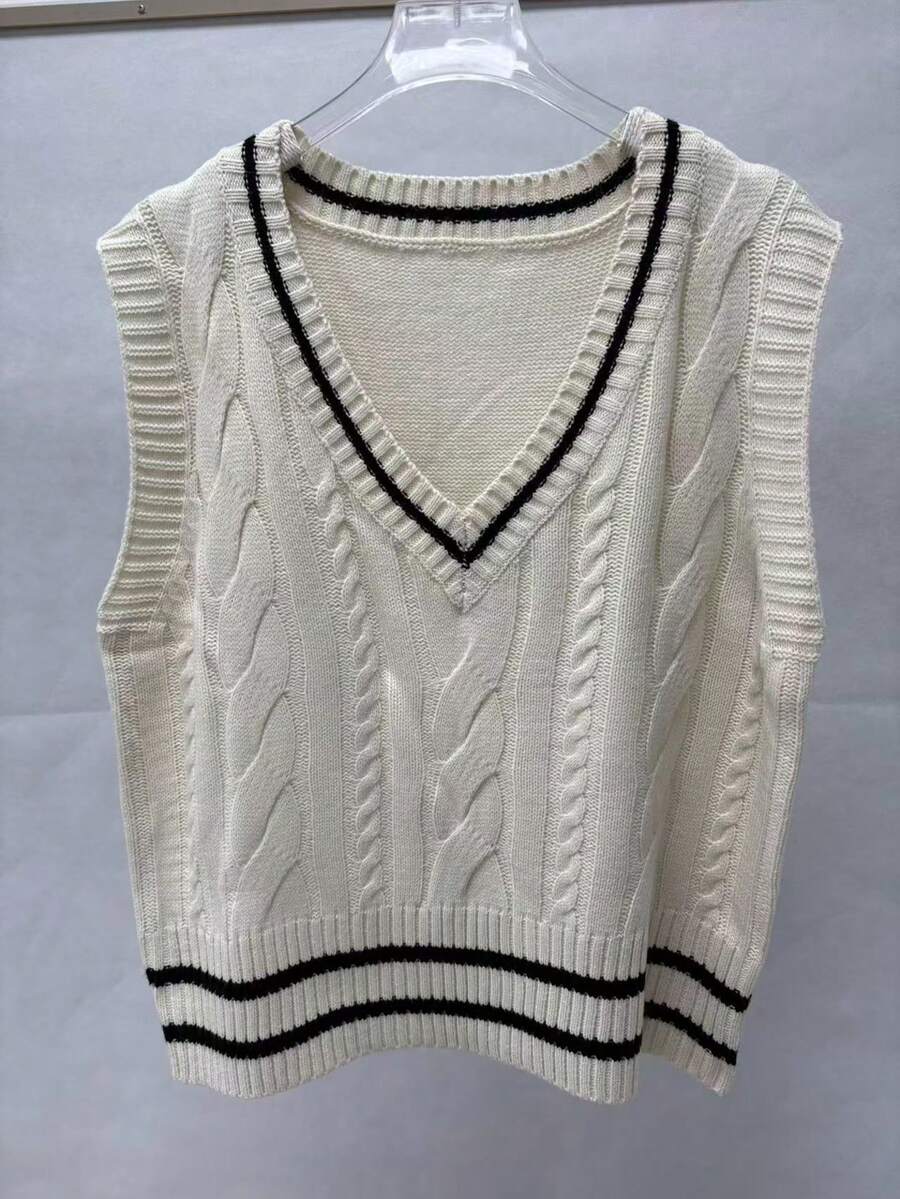 Plus Size Color Block Listrado V-neck Sweater Vest - Damasco - Ver 1