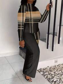 Women's Stylish Plaid Print Plus Size Long Sleeve Tee And Wide Leg Pants Two Piece Set Casual Knitted Co-Ords Outfit - 黃色 - 查看 3