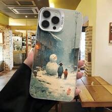 Cubierta de telefono con diseño de invierno azul con muñeco de nieve y niño caminando en escena nevada para uso diario en cafeterias y espacios urbanos - Negro - Ver 3