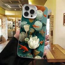 Cubierta de telefono con diseño de loto y peces koi azul oscuro para iPhone 14 Pro Max estilo elegante ideal para uso diario en cafeterias y salones - Blanco - Ver 7