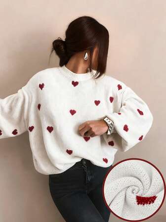 2025 Women's Fashion Elegant Temperament Commuter Section Autumn And Winter White Heart Knitted Sweater