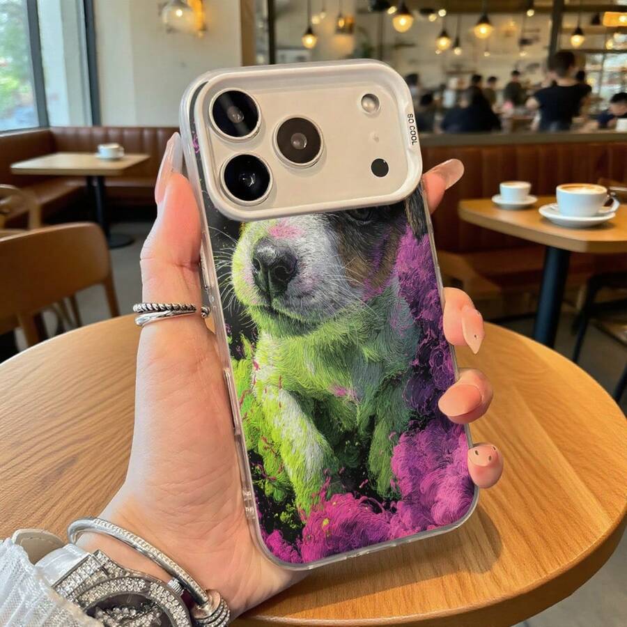 Funda de Teléfono con Impresión de Perro Colorido para iPhone 14 13 12 11 Pro Max y Galaxy S23 S22 S21 S20, Opción de Regalo Ideal para Todas las Estaciones - Plateado - Ver 1