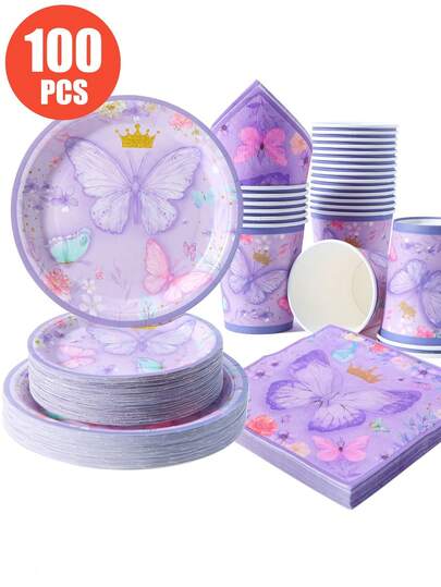 紫色蝴蝶皇冠一次性餐盘、餐巾纸、杯子 - 蝴蝶主题餐盘、餐巾纸和杯子派对用品，适合25位客人，一次性纸盘派对餐具，适合生日、婚礼、派对、家庭野餐