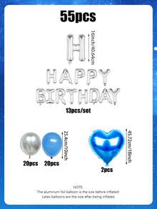 55pcs 16-Inch Silver Happy Birthday Letter Foil Balloon Set, Includes Blue, Silver Latex Balloons And Heart Foil Balloons, For Happy Birthday English Letter Decoration, Party Scene Decor, Birthday Party, Home Party Background Decoration, Wedding, Birthday Party Blue Balloons - Multicolor - View 2