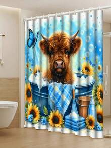 高地牛图案1/3/4件套浴帘套装，时尚浴室装饰，防水浴帘套装（含12个挂钩），防滑浴室地垫，U型马桶垫，马桶座套，理想的圣诞礼物 - 彩色 - 查看 11