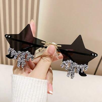 New Y2K Party Queen Pentagram Rhinestone Decor Frameless Personalized Chic Fashion Glasses For Women