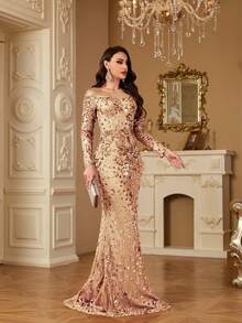 hezixi 优雅派对亮片鱼尾连衣裙，婚礼宾客礼服，正式礼服，晚礼服，春假长裙 - 香檳色 - 查看 13