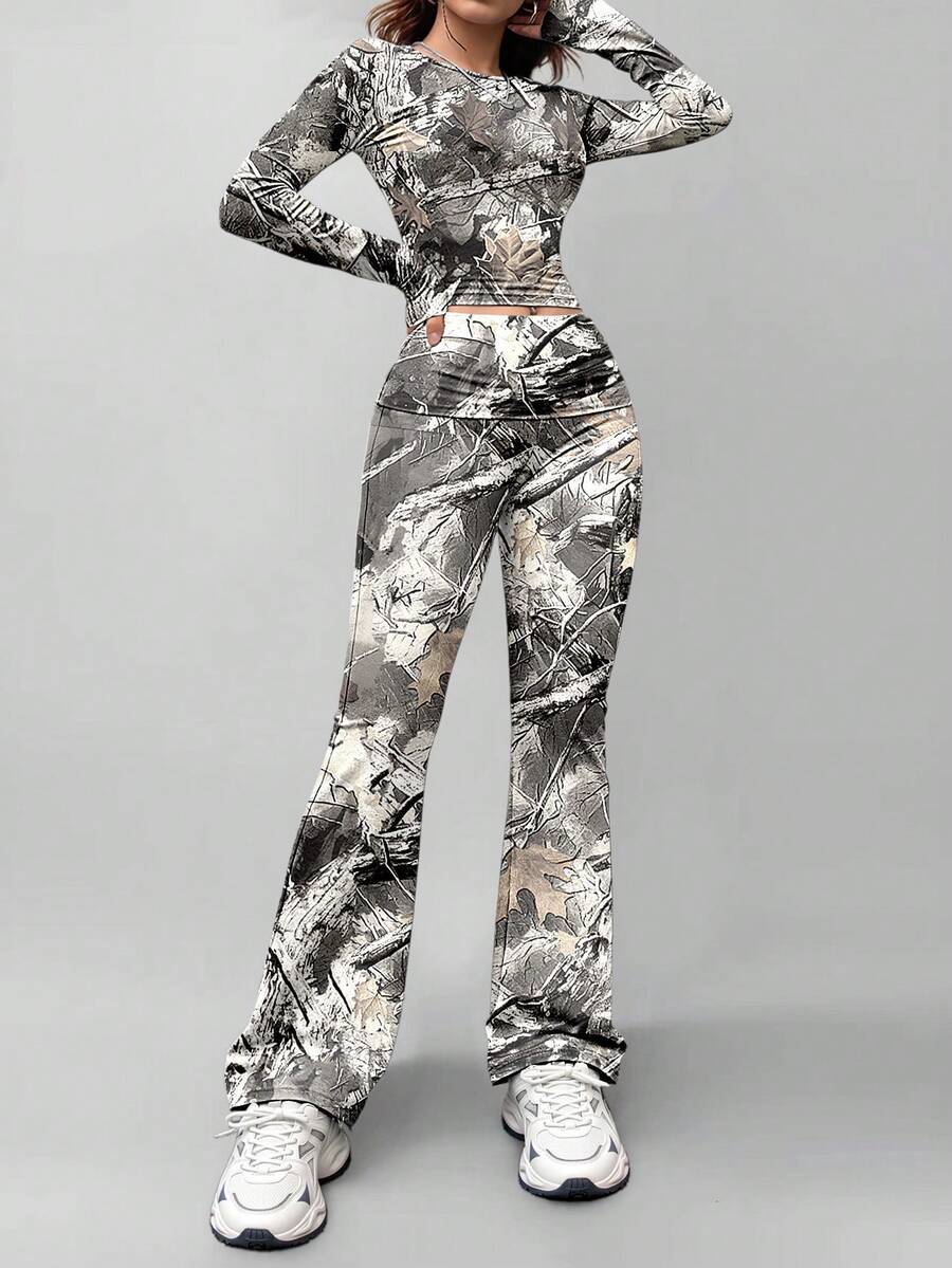 Women's Casual Round Neck Long Sleeve T-Shirt And Pants Set, Versatile For Spring - Multicolor - View 1