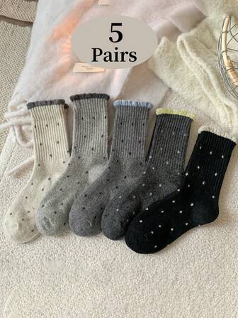 5 Pairs Women's Dark Color Polka Dot Socks, Mid-Calf Length, Korean Style Ins Lace Trim Warm Slouch Socks, Autumn/Winter