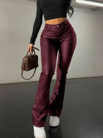 Black High Waist Flared Coated Faux Leather Pants, Slim Fit Flattering, American Beauty Style, Spring Season