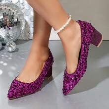 Elegant Middle-Heeled Evening Party Dress Shoes For Women, Pointed Toe, Chunky Heel, Sequin Embellishments,Wedding Purple - 紫色 - 查看 2