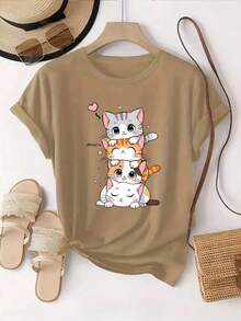 Women's Shirt With Kittens, Cotton Blouse, Premium Knit, New Release, Women's Fashion, Casual T-Shirt - 鏽棕色 - 查看 1