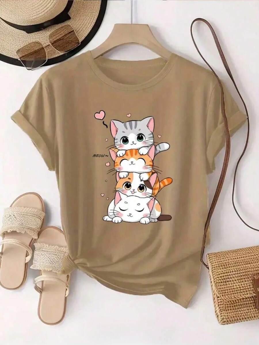Women's Shirt With Kittens, Cotton Blouse, Premium Knit, New Release, Women's Fashion, Casual T-Shirt - 鏽棕色 - 查看 1