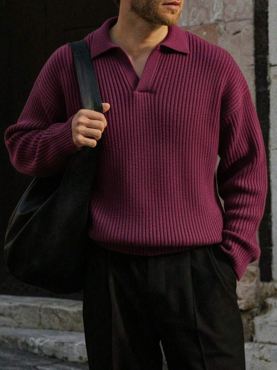 男士罗纹高领毛衣,休闲宽松套头针织衫,秋冬款 - 酒紅色 - 查看 1
