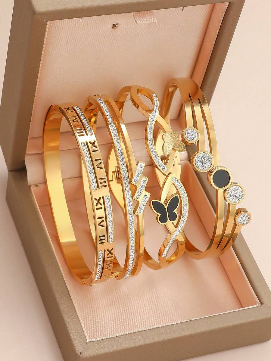 金色蝴蝶手镯套装，罗马数字装饰开口手镯，几何元素，时尚优雅，适合作为礼物、节日庆典和音乐派对的配饰 - 彩色 - 查看 1