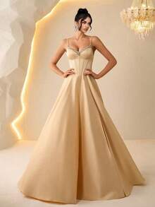 Elisanya Affascinante abito lungo nero con spalline sottili e spacco alto, impreziosito da cristalli decorati a mano, adatto come abito da festa elegante, abito da sera formale, abito da invitata a matrimonio, appropriato per cerimonie di laurea, banchetti, abbigliamento formale - Champagne - Visualizzare 4