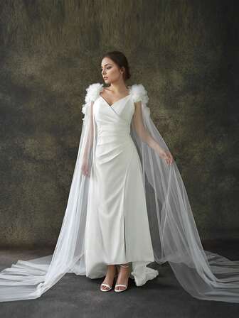 1 par de chales nupciales de encaje floral 3D de gasa, adecuado para bodas, fiestas, banquetes y otras ocasiones de mujeres; accesorios de moda para mujeres.