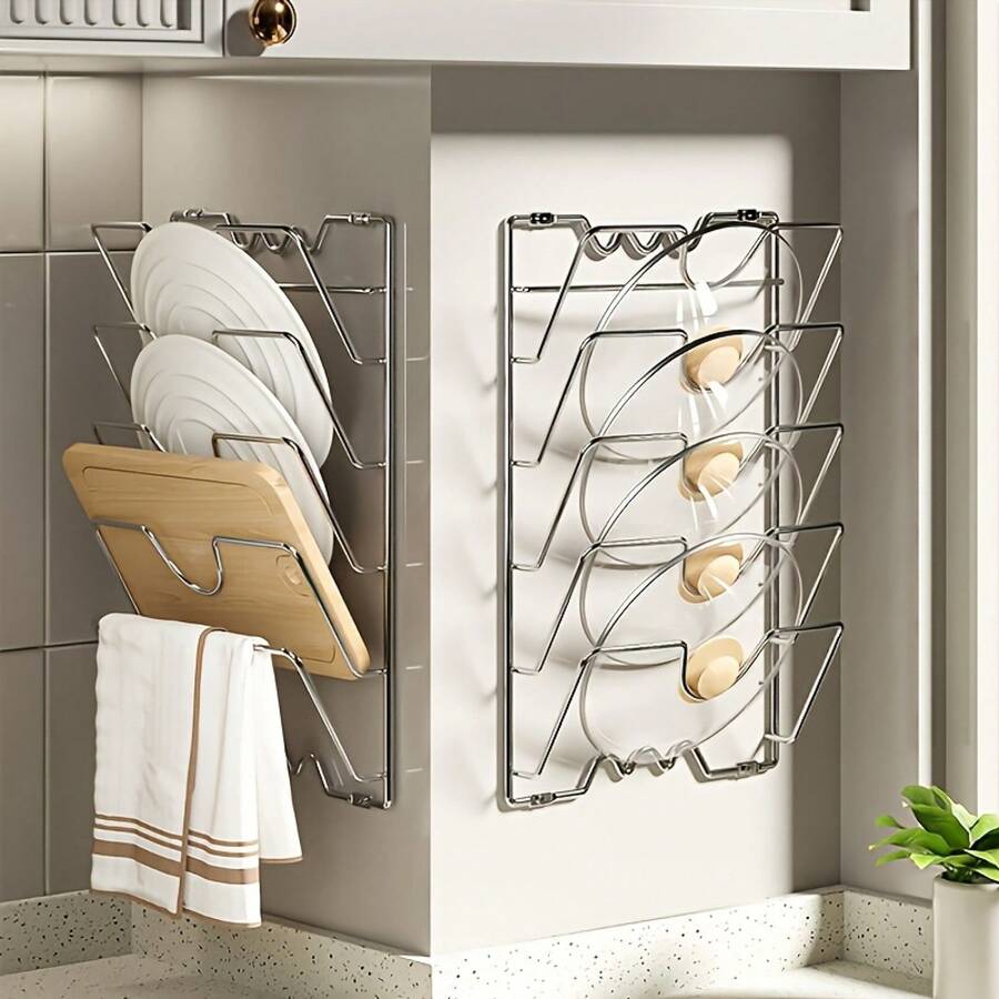 Heavy Duty Stainless Steel Pot Lid And Frying Pan Rack - Space-Saving Vertical Kitchen Organizer, Wall-Mounted Cabinet Rack, Suitable Home And Restaurant - Easy Installation, Modern Design - 銀色 - 查看 1
