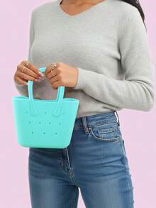 Women's Rubber DIY Tote Bag Portable Solid Color Handbag With Double Handles For Thanksgiving Gifts - Xanh lam Xanh lục - Xem 5