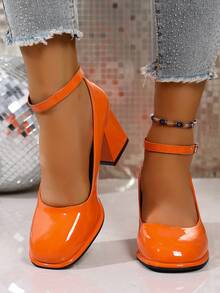 Geeyea Elegant Women's High Heels, Ankle Buckle Design, Multiple Colors To Choose From, Thick Heel Design, Suitable For Dance Parties, Also Suitable For Plus-Size Women, Shiny Leather Shoes, Local Warehouse Women's Products,Shoes For Women,Heels For Women,Local Warehouse Items For Women - trái cam - Xem 4