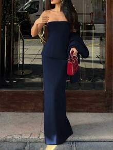 两件套优雅简约假日派对通勤日常商务套装，女士秋季抹胸露脐上衣和中长裙套装 - 藏蓝色 - 查看 2