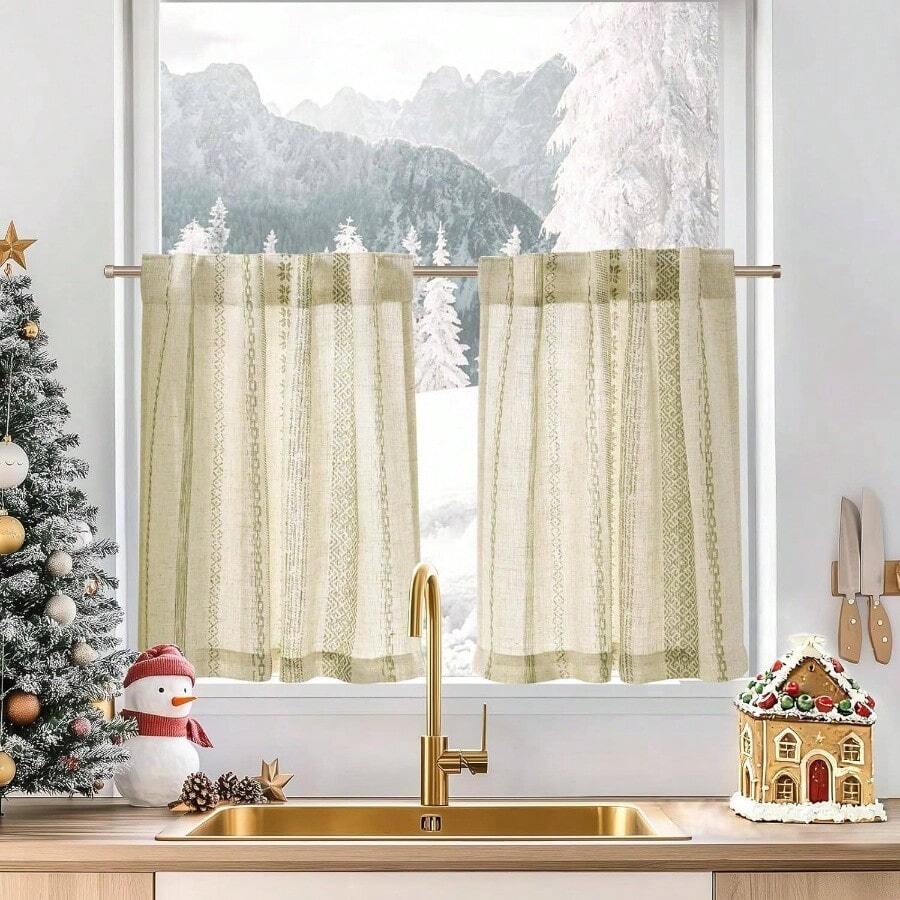 Boho Kitchen Curtains 24 Inch Linen Tier Curtains With Geometric Pattern Bohemian Cafe Small Filtering Window Treatment Living Room RV Back Tab 2 Panels Green On Linen - 26"W X 24"L (Pack Of 2) + Liora | Green On Linen - View 1