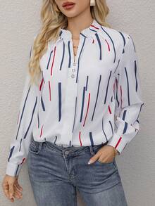 Elegant Long Sleeve Top With Red And Navy Striped Pattern, Machine Washable Non-Tight Fabric, Versatile Casual To Formal Wear For Spring And Autumn Vacation - Multicolor - View 3